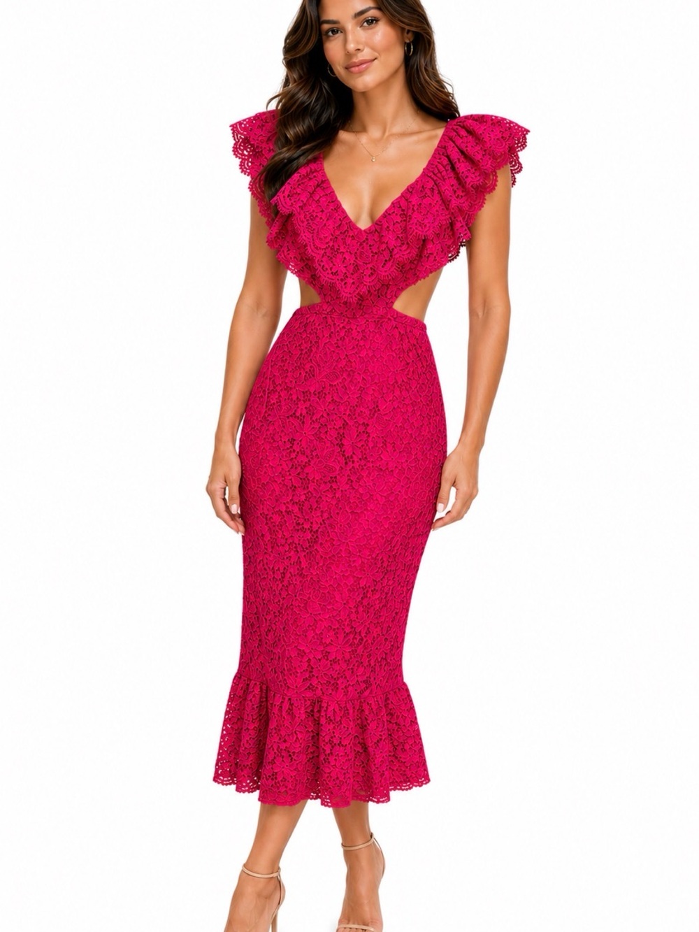 Express Fuchsia Lace Ruffle Midi Dress